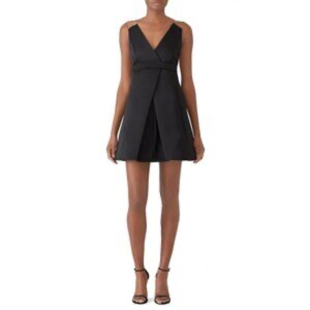 KAUFMAN FRANCO Onyx Black Mini A-line Dress with V-neck & Mesh Top Strap LBD